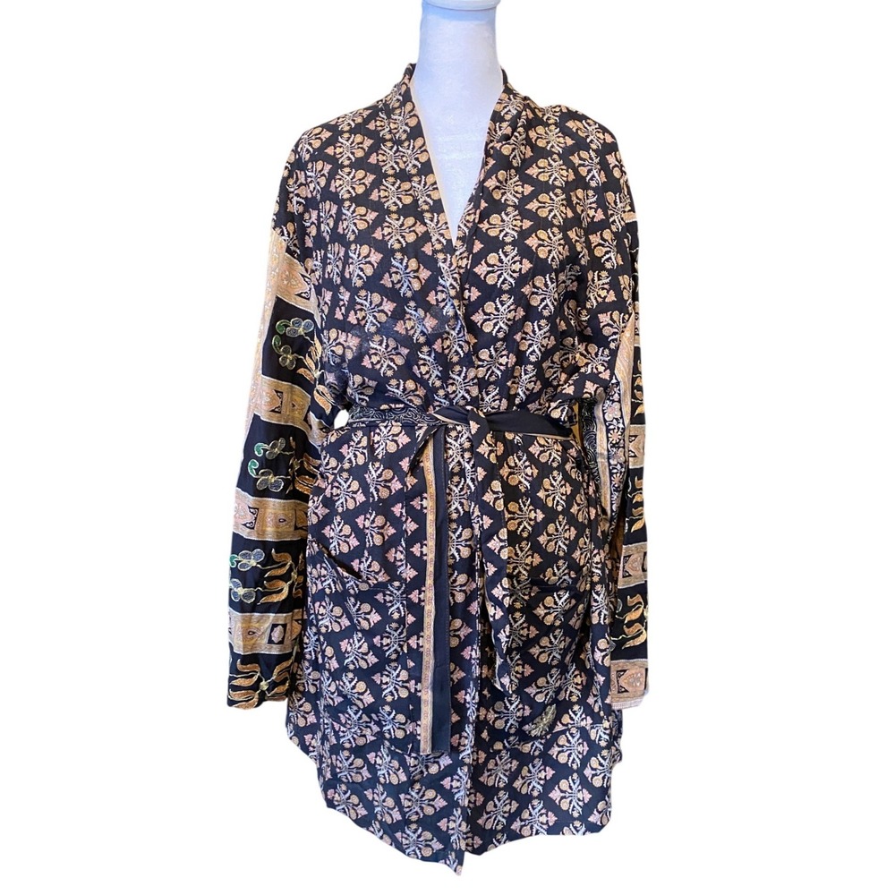 Silk Beaded Robe Floral Geometric Wrap Black Gold Boho Lounge Kimono Luxury Soft